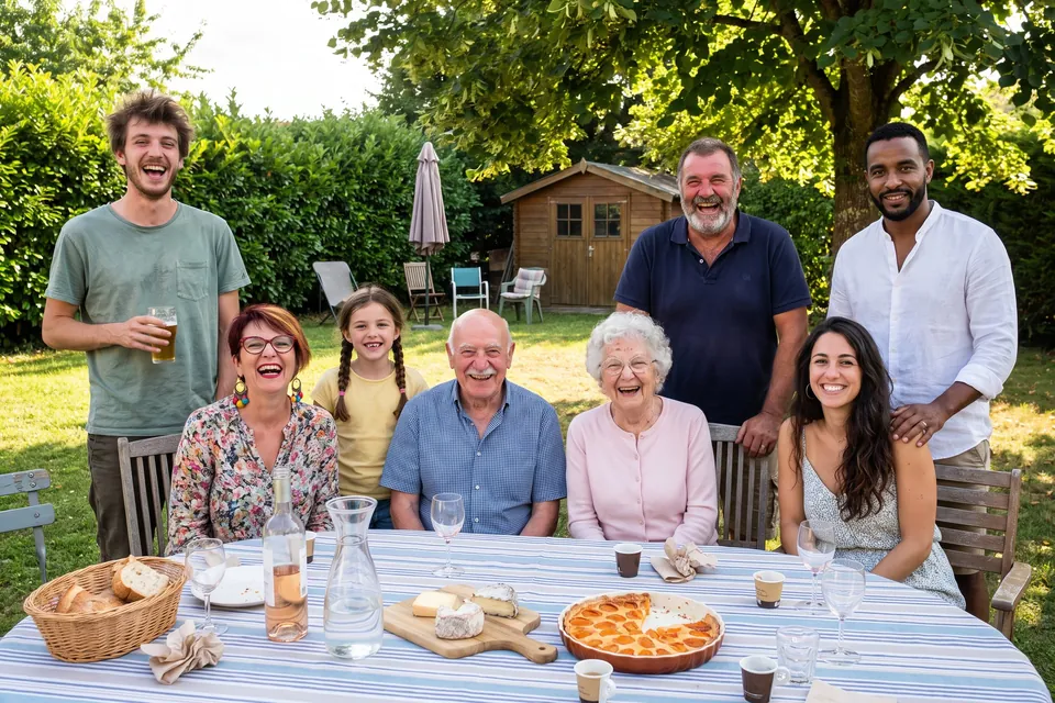 Photo d’exemple&nbsp;: la famille Martin, huit personnes réunies autour d’une table de jardin.